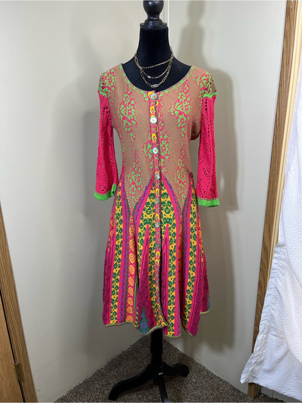 IVKO Pink and Green Crochet-Knit Button Dress